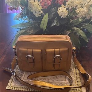 Tignanello Tan Pebbled Leather Crossbody with Chain-Print Lining